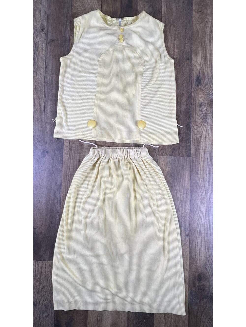 Vintage 70s Womens Small 2 Piece Skirt Crop Top Shirt Yellow Handmade Yellow